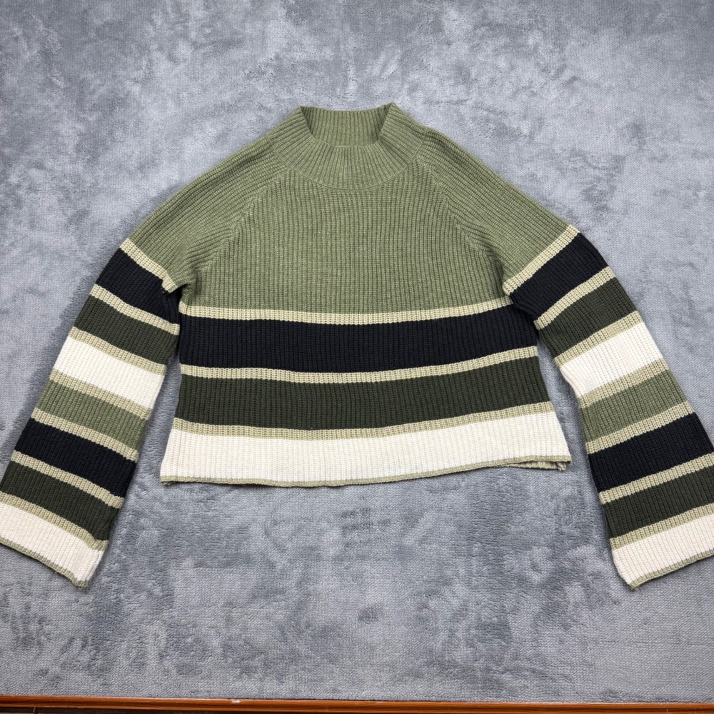 So Me Striped Ribbed Mock Neck Sweater Bell Sleeve Green Black Cream Large